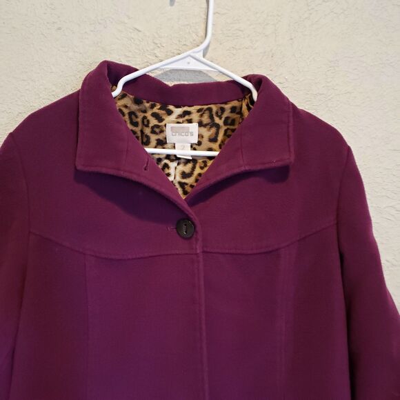 Chico's Coat Womens 2 Orchid Plum Purple Smooth Plush Swing Pea Leopard Print - Picture 3 of 8